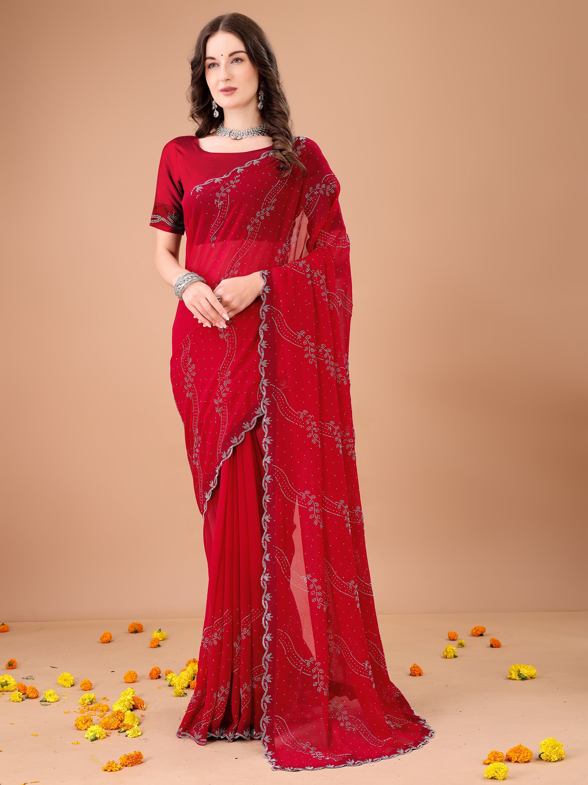 Leelavati Embroidered, Embellished Bollywood Georgette Saree (Red)