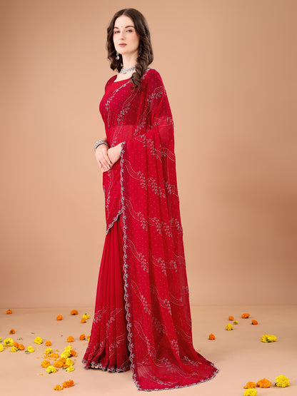 Leelavati Embroidered, Embellished Bollywood Georgette Saree (Red)