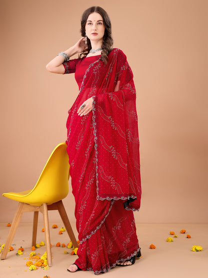 Leelavati Embroidered, Embellished Bollywood Georgette Saree (Red)