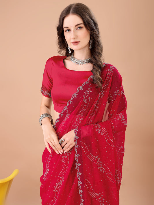 Leelavati Embroidered, Embellished Bollywood Georgette Saree (Red)