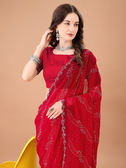 Leelavati Embroidered, Embellished Bollywood Georgette Saree (Red)