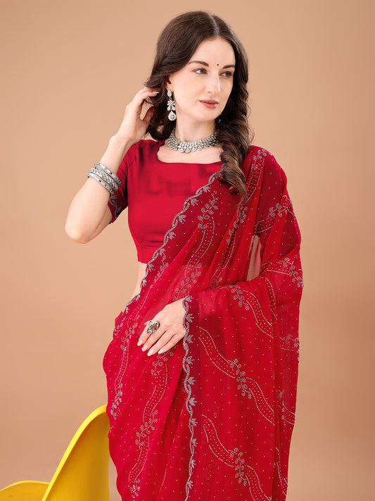 Leelavati Embroidered, Embellished Bollywood Georgette Saree (Red)
