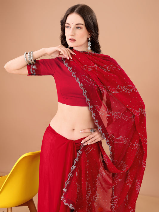 Leelavati Embroidered, Embellished Bollywood Georgette Saree (Red)