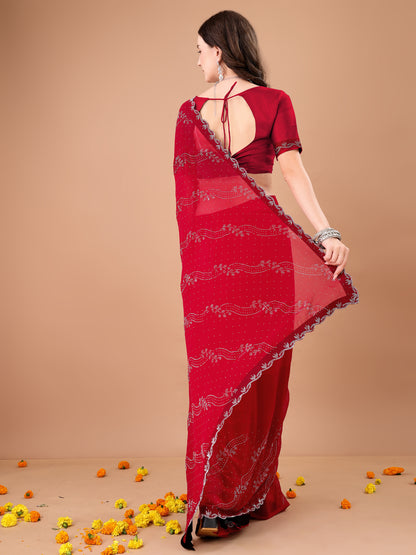 Leelavati Embroidered, Embellished Bollywood Georgette Saree (Red)