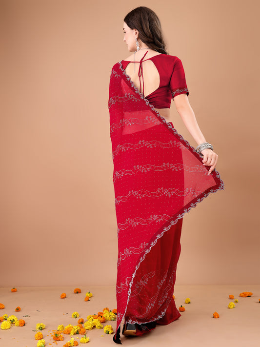 Leelavati Embroidered, Embellished Bollywood Georgette Saree (Red)