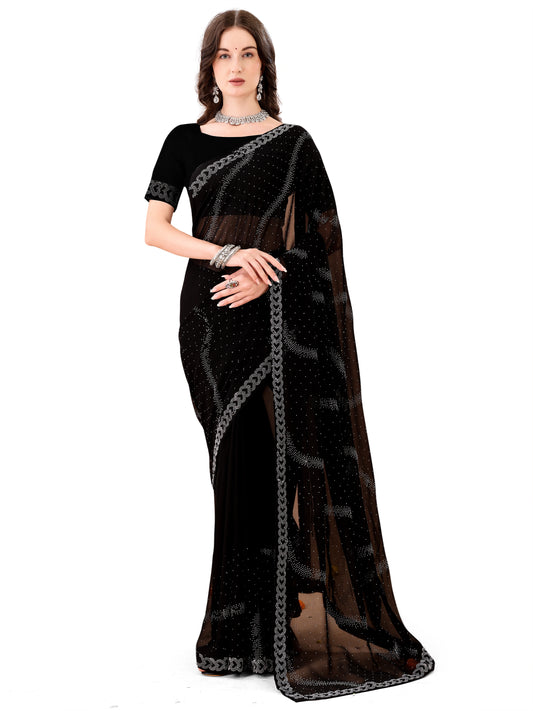 Leelavati Embroidered, Embellished Bollywood Georgette Saree (Black)