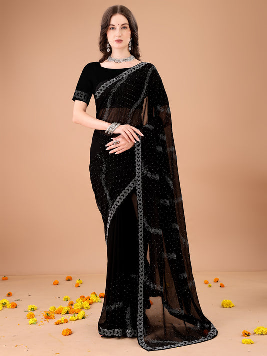 Leelavati Embroidered, Embellished Bollywood Georgette Saree (Black)
