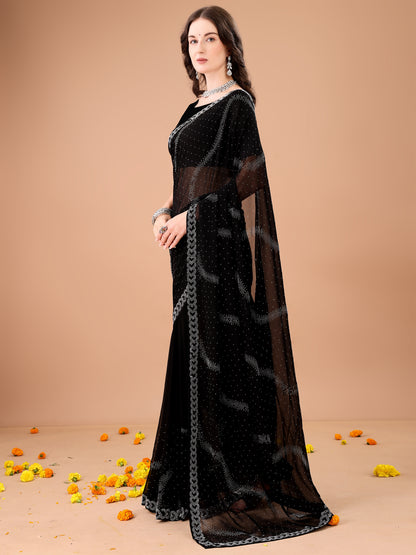 Leelavati Embroidered, Embellished Bollywood Georgette Saree (Black)