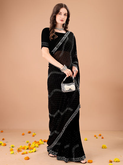 Leelavati Embroidered, Embellished Bollywood Georgette Saree (Black)