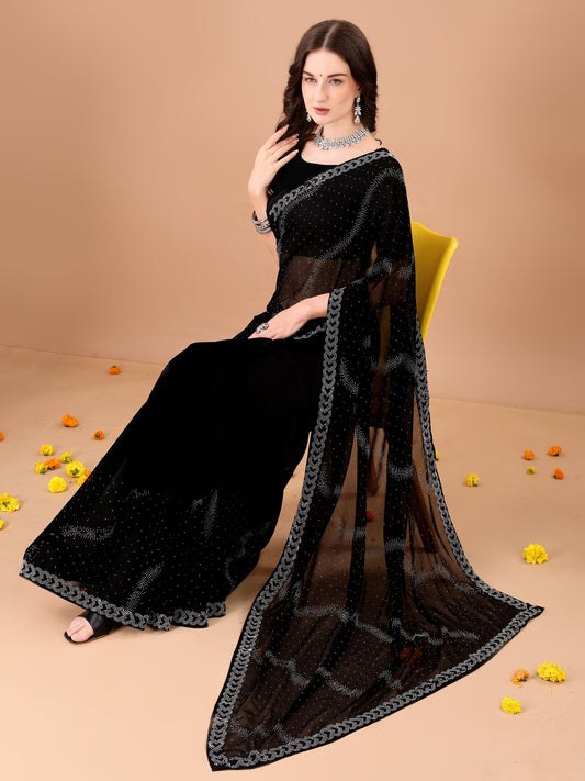 Leelavati Embroidered, Embellished Bollywood Georgette Saree (Black)