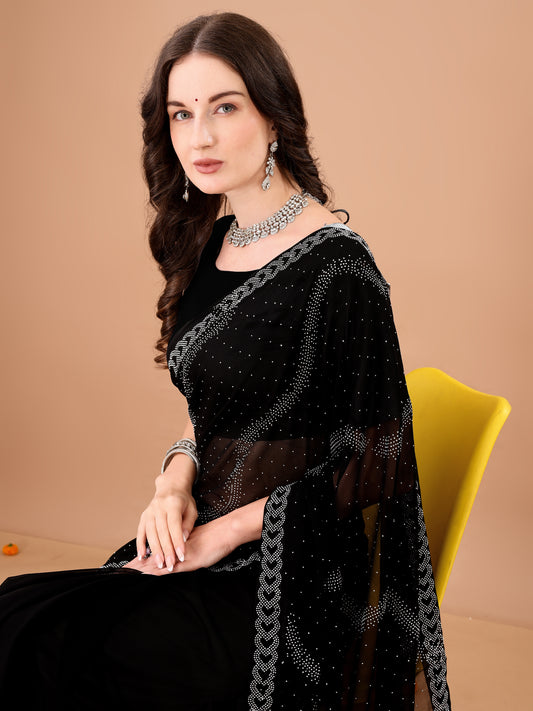 Leelavati Embroidered, Embellished Bollywood Georgette Saree (Black)