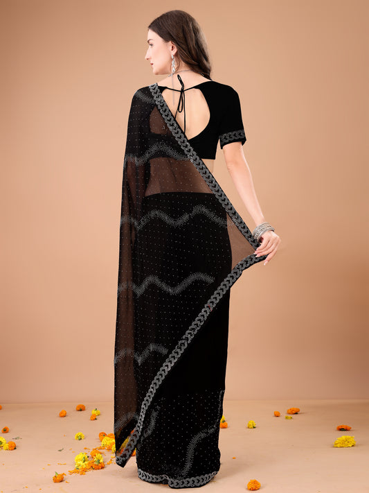 Leelavati Embroidered, Embellished Bollywood Georgette Saree (Black)