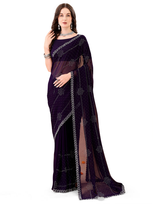 Leelavati Embroidered, Embellished Bollywood Georgette Saree (Purple)