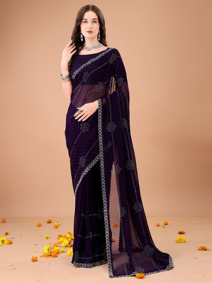 Leelavati Embroidered, Embellished Bollywood Georgette Saree (Purple)