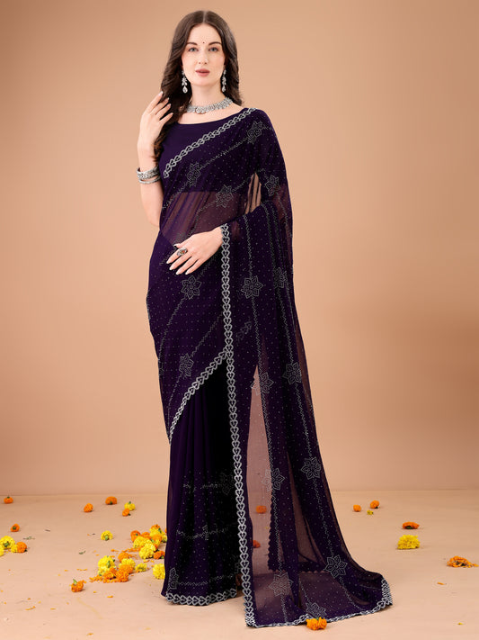 Leelavati Embroidered, Embellished Bollywood Georgette Saree (Purple)