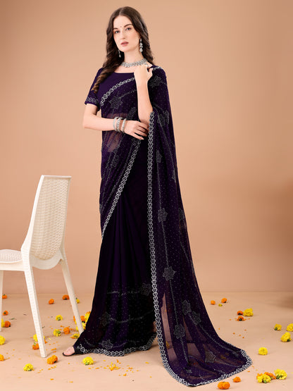 Leelavati Embroidered, Embellished Bollywood Georgette Saree (Purple)