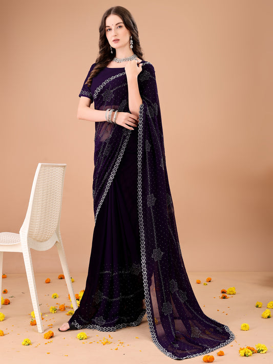 Leelavati Embroidered, Embellished Bollywood Georgette Saree (Purple)