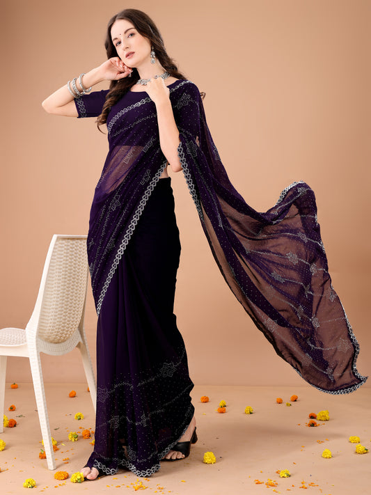 Leelavati Embroidered, Embellished Bollywood Georgette Saree (Purple)