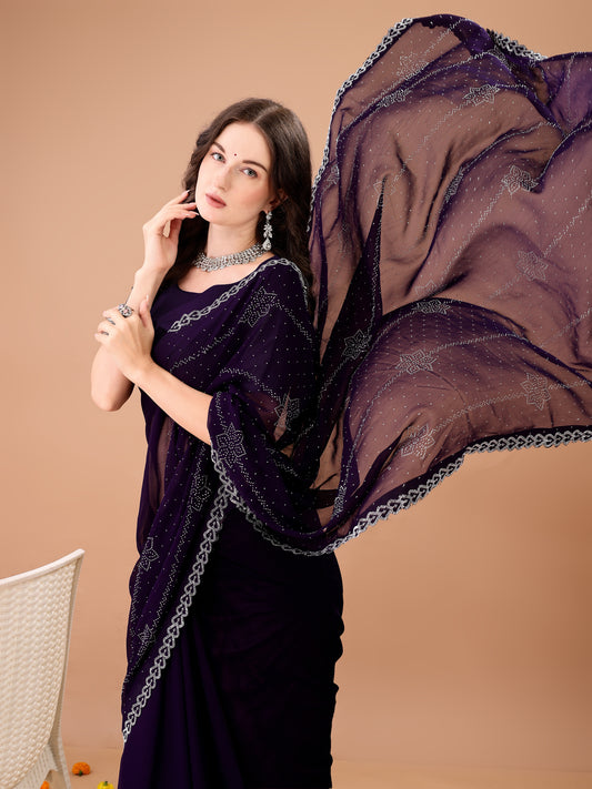 Leelavati Embroidered, Embellished Bollywood Georgette Saree (Purple)