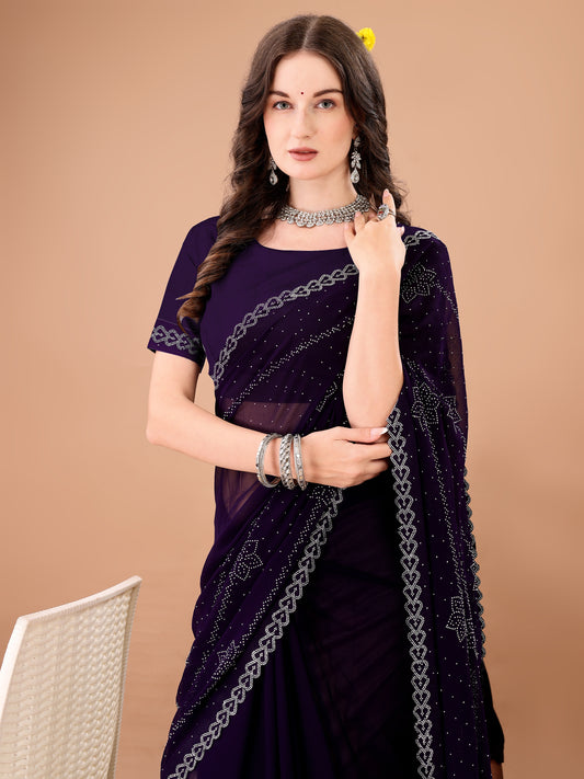 Leelavati Embroidered, Embellished Bollywood Georgette Saree (Purple)