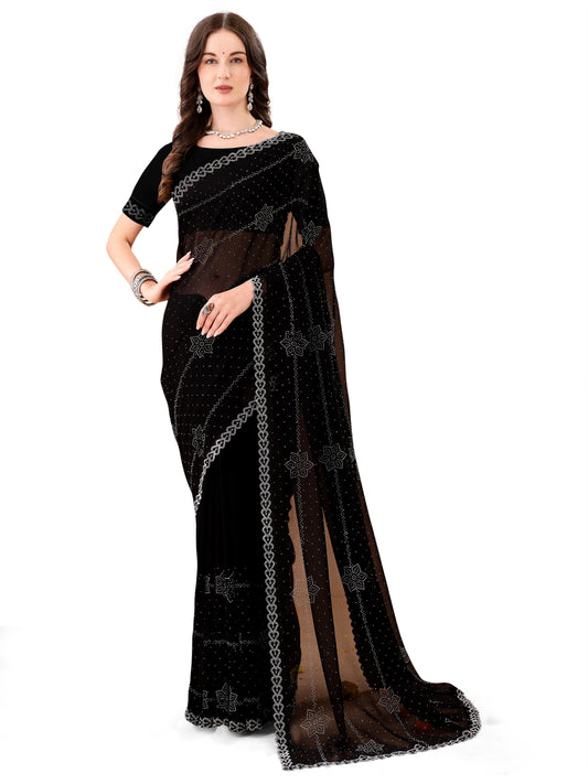 Leelavati Embroidered, Embellished Bollywood Georgette Saree (Black)