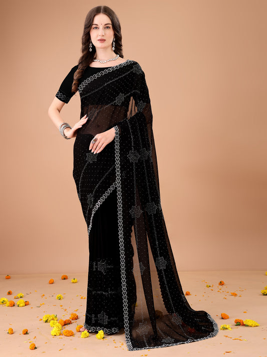 Leelavati Embroidered, Embellished Bollywood Georgette Saree (Black)