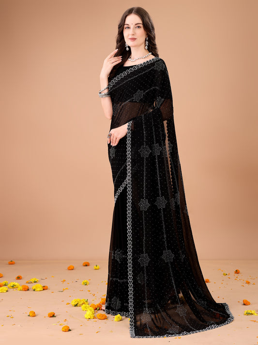 Leelavati Embroidered, Embellished Bollywood Georgette Saree (Black)