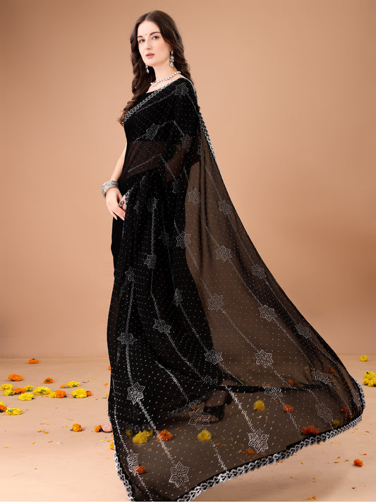 Leelavati Embroidered, Embellished Bollywood Georgette Saree (Black)