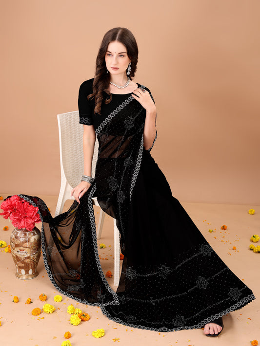 Leelavati Embroidered, Embellished Bollywood Georgette Saree (Black)
