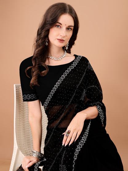 Leelavati Embroidered, Embellished Bollywood Georgette Saree (Black)
