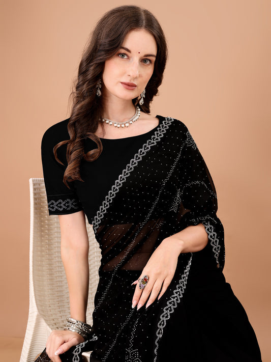 Leelavati Embroidered, Embellished Bollywood Georgette Saree (Black)