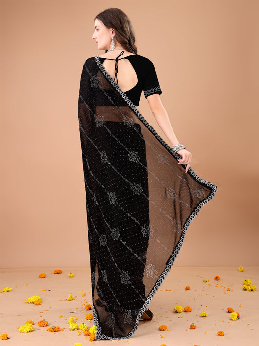 Leelavati Embroidered, Embellished Bollywood Georgette Saree (Black)
