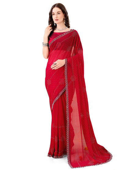 Leelavati Embroidered, Embellished Bollywood Georgette Saree (Red)