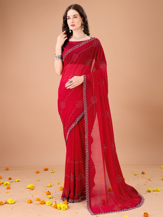 Leelavati Embroidered, Embellished Bollywood Georgette Saree (Red)