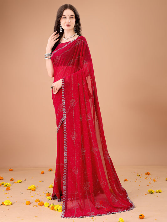 Leelavati Embroidered, Embellished Bollywood Georgette Saree (Red)