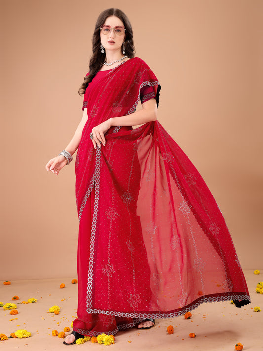 Leelavati Embroidered, Embellished Bollywood Georgette Saree (Red)