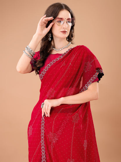 Leelavati Embroidered, Embellished Bollywood Georgette Saree (Red)