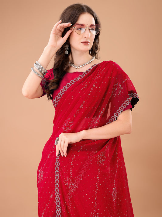 Leelavati Embroidered, Embellished Bollywood Georgette Saree (Red)