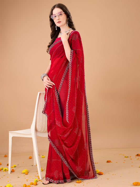 Leelavati Embroidered, Embellished Bollywood Georgette Saree (Red)