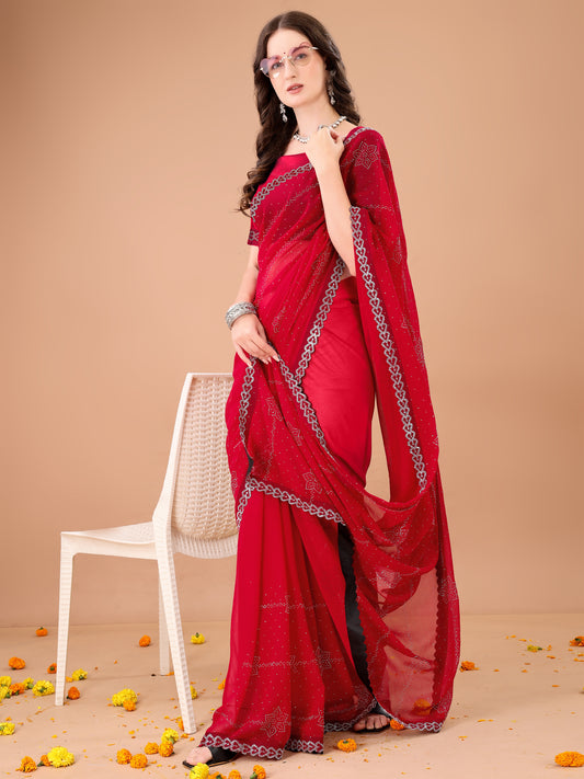 Leelavati Embroidered, Embellished Bollywood Georgette Saree (Red)