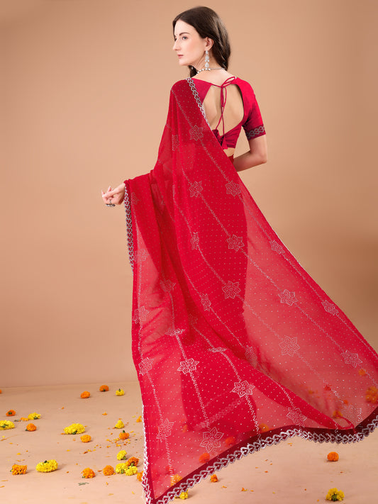 Leelavati Embroidered, Embellished Bollywood Georgette Saree (Red)