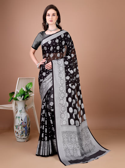 Leelavati Woven, Self Design Kanjivaram Pure Silk, Jacquard Saree (Black)