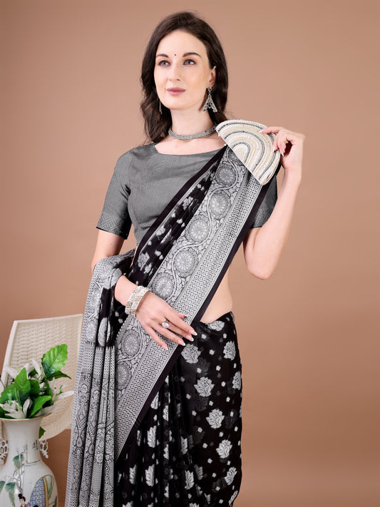 Leelavati Woven, Self Design Kanjivaram Pure Silk, Jacquard Saree (Black)
