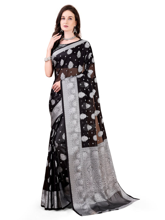 Leelavati Woven, Self Design Kanjivaram Pure Silk, Jacquard Saree (Black, Grey)