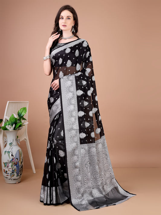 Leelavati Woven, Self Design Kanjivaram Pure Silk, Jacquard Saree (Black, Grey)