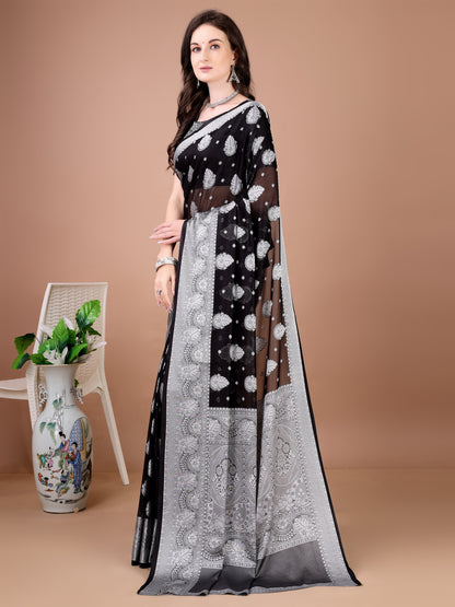 Leelavati Woven, Self Design Kanjivaram Pure Silk, Jacquard Saree (Black, Grey)