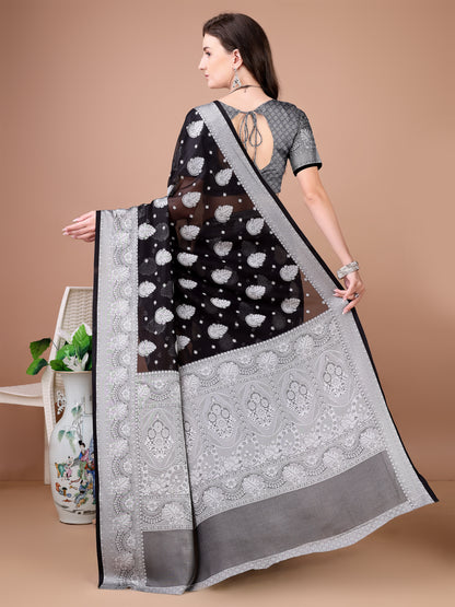 Leelavati Woven, Self Design Kanjivaram Pure Silk, Jacquard Saree (Black, Grey)