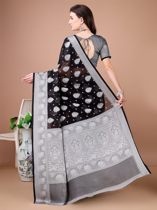 Leelavati Woven, Self Design Kanjivaram Pure Silk, Jacquard Saree (Black, Grey)