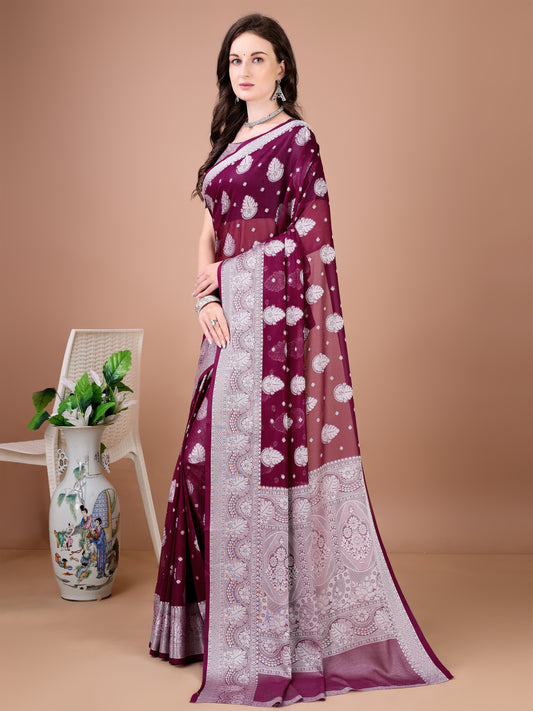 Leelavati Woven, Self Design Kanjivaram Pure Silk, Jacquard Saree (Purple)