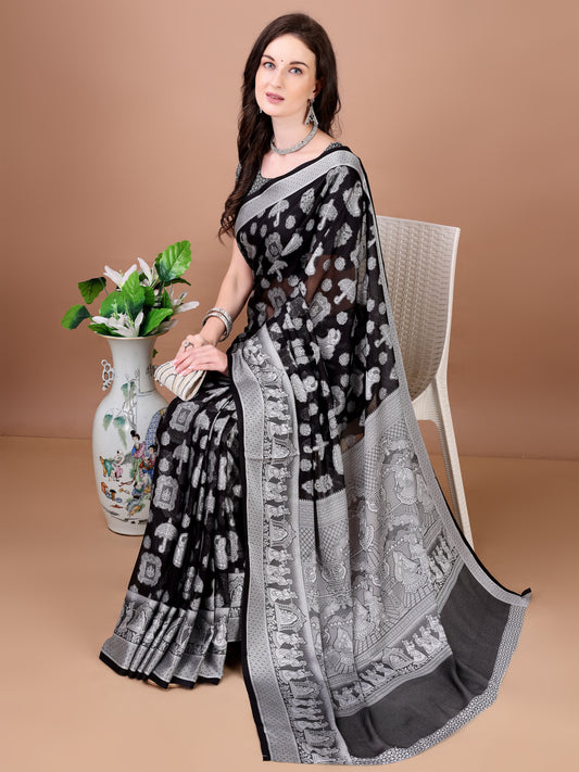 Leelavati Woven, Self Design Kanjivaram Pure Silk, Jacquard Saree (Black)